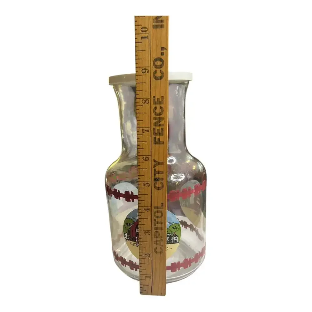 Vintage KIG Glass Carafe Juice Pitcher Farm Country Barnyard with Plastic Lid